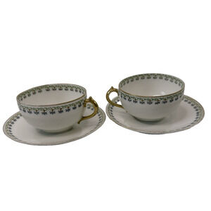 Burley & Co, Antique GDA Limoges Porcelain Cup&Saucer set of 2 Green/Blue Floral